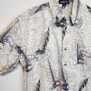 Vintage Keeler Bay Mens Button Up Sail Boat Shirt Size LT Nautical 100% Cotton